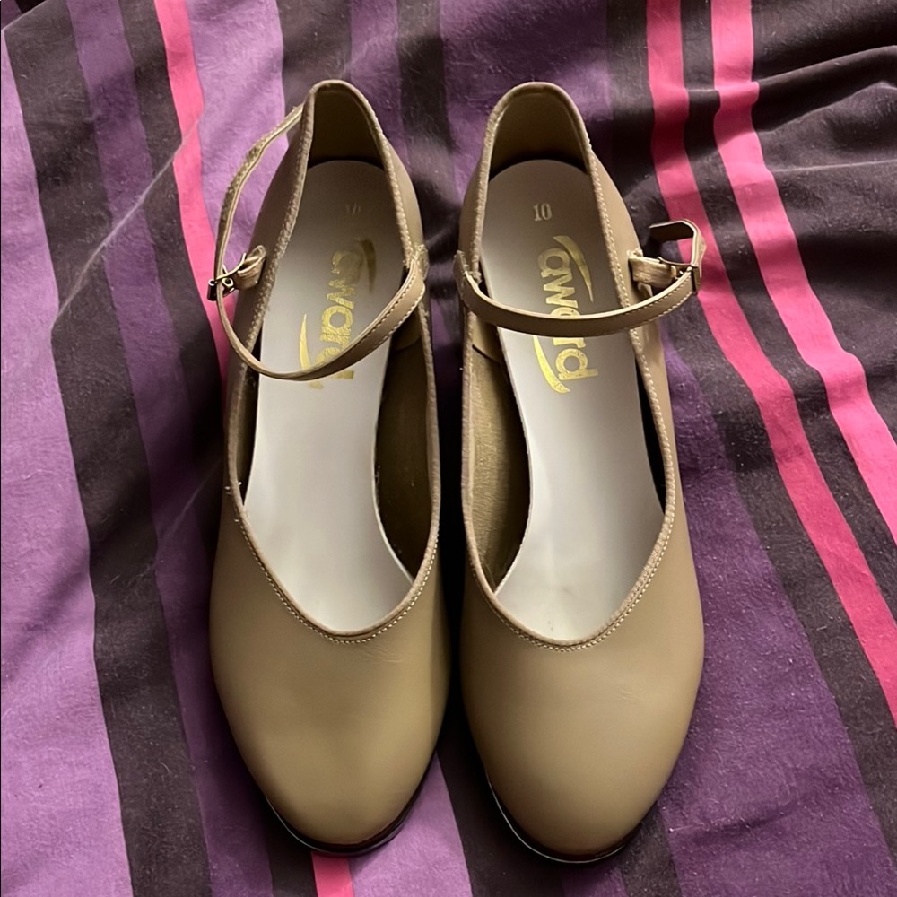 Tan award tap shoes with 2 inch heel